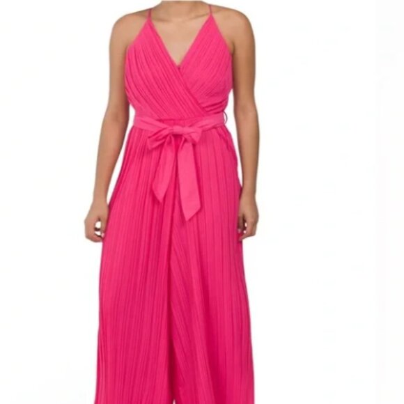 Beyond Words Womens Sleeveless Pleated Jumpsuit with Belt in Pink Coral Large - Picture 1 of 15